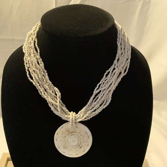 Jewelry - White Beaded Necklace With Stone Disc Pendant